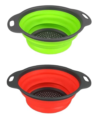 Sieb Klappbar Faltbar, Silikonsieb Abtropfsieb Nudelsieb aus Silikon für Küche, Hitzebeständig und Platzsparend (2er Set, Grün und Rot) von GMMH