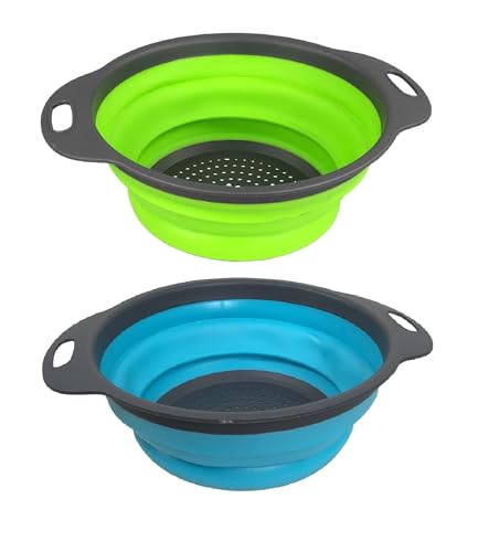 Sieb Klappbar Faltbar, Silikonsieb Abtropfsieb Nudelsieb aus Silikon für Küche, Hitzebeständig und Platzsparend (2er Set, Blau und Grün) von GMMH