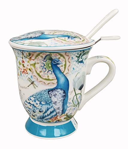 GMMH Teetasse mit Deckel, Löffel und Sieb Becher aus Porzellan für Losen Tee oder Beutel (Pfau) von GMMH