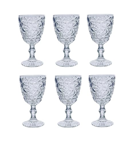 GMMH Vintage 6er-Set Farbige Weingläser mit Prägung, Trinkgläser, Hochzeitsgläser, Sektgläser, Karaffe, Dessertschale, Glaskelche, Weinglas, Wasserglas, Sektglas (KRISTAL Weinglas Blaugrau) von GMMH