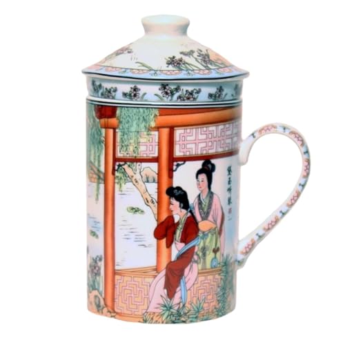 Keramik Teetasse mit Deckel + Sieb für Losen Tee mit Asiatischem Motiv (Seeblick mit Brücke, 509) Japanische Chinesische Tasse Für Teeliebhaber, Porzellan Kaffee Geschenk Set Asien Asia Becher Haferl von GMMH