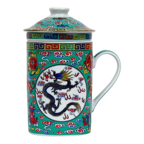 Keramik Teetasse mit Deckel + Sieb für Losen Tee mit Asiatischem Motiv (Grüner Drache, 494) Japanische Chinesische Tasse Für Teeliebhaber, Porzellan Kaffee Geschenk Set Asien Asia Becher Haferl von GMMH