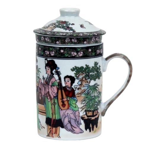 Keramik Teetasse mit Deckel + Sieb für Losen Tee mit Asiatischem Motiv (Musikstunde, 512) Japanische Chinesische Tasse Für Teeliebhaber, Porzellan Kaffee Geschenk Set Asien Asia Becher Haferl von GMMH