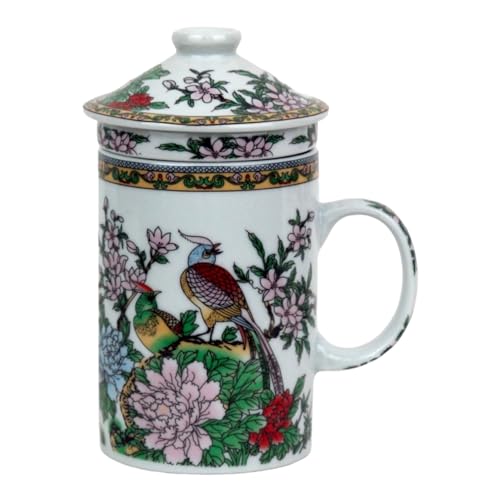 Keramik Teetasse mit Deckel + Sieb für Losen Tee mit Asiatischem Motiv (Vogel in Magnolien, 046) Japanische Chinesische Tasse Für Teeliebhaber, Porzellan Kaffee Geschenk Set Asien Asia Becher Haferl von GMMH