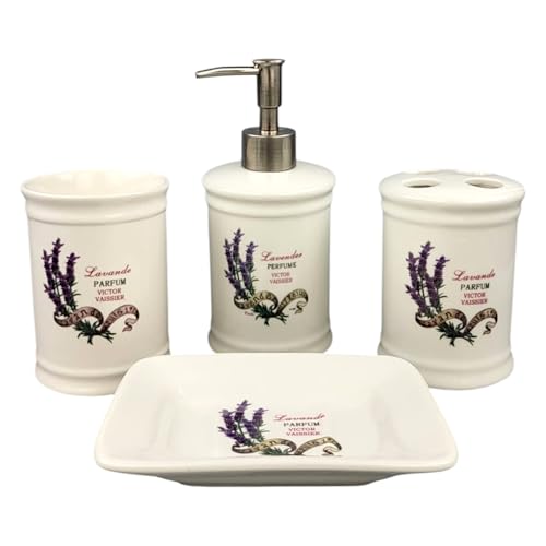 Landhaus Vintage Keramik Badset (Lavendel) Badezimmerset Badezimmer Badeset Set Bad Zubehör, Seifenspender Zahnbürstenhalter Seifenschale Zahnputzbecher Badgarnitur Garnitur (4er Set) von GMMH