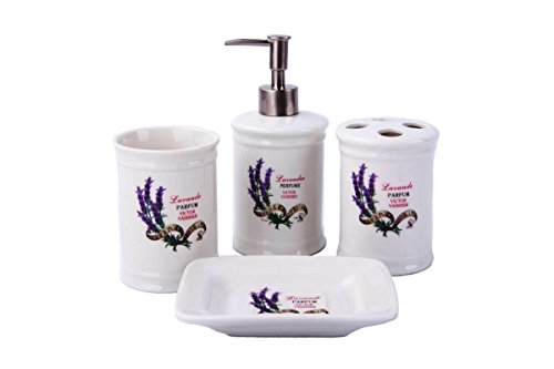 GMMH Landhaus Vintage BADSET Lavendel Badezimmer ZUBEHÖR Set SEIFENSPENDER WC BÜRSTE Keramik (4 er Set) von GMMH