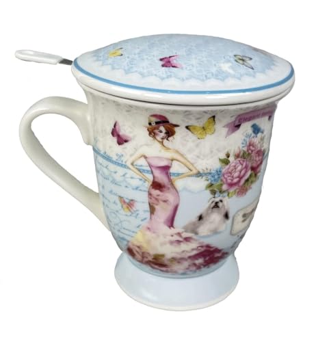 GMMH Teetasse mit Deckel, Löffel und Sieb Becher aus Porzellan für Losen Tee oder Beutel (Frau) von GMMH