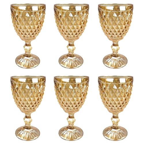 Vintage 6er-Set Farbige Weingläser und Trinkgläser mit Diamant Muster (Netz Gold-Glanz Weinglas), Longdrinkgläser, Cocktail Gläser mit Prägung, Glas, Trinkglas, Weinglas, Wasserglas, Glaskelche von GMMH