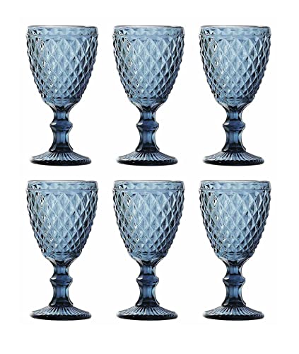 GMMH Vintage 6er-Set Farbige Weingläser Trinkgläser mit Prägung (Netz/Blau/250 ml) Hochzeitsgläser, Sektgläser, Karaffe, Dessertschale, Glaskelche, Trinkglas, Weinglas, Wasserglas, Sektglas von GMMH
