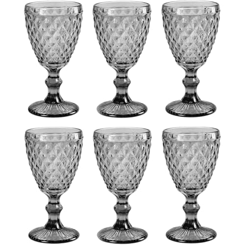 Vintage 6er-Set Farbige Weingläser und Trinkgläser mit Diamant Muster (Netz Grau Weinglas), Longdrinkgläser, Cocktail Gläser mit Prägung, Glas, Trinkglas, Weinglas, Wasserglas, Glaskelche von GMMH