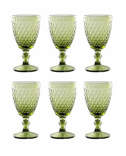 GMMH Vintage 6er-Set Farbige Weingläser Trinkgläser mit Prägung (Netz/Grün/250 ml) Hochzeitsgläser, Sektgläser, Karaffe, Dessertschale, Glaskelche, Trinkglas, Weinglas, Wasserglas, Sektglas von GMMH