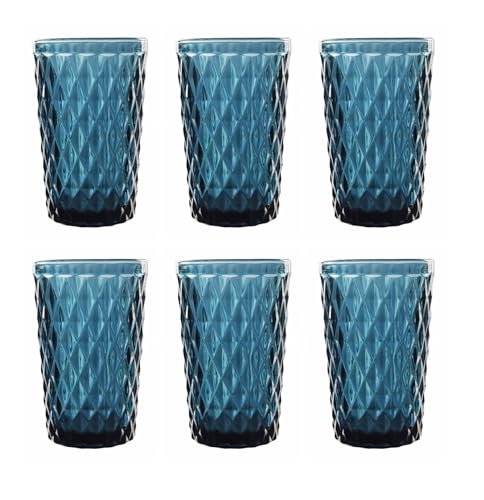 GMMH Vintage 6er-Set Farbige Weingläser Trinkgläser mit Prägung (Netz/Blau/250 ml) Hochzeitsgläser, Sektgläser, Karaffe, Dessertschale, Glaskelche, Trinkglas, Weinglas, Wasserglas, Sektglas von GMMH