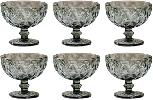 Vintage 6er-Set Farbige Weingläser und Trinkgläser mit Diamant Muster (Rombus) Longdrinkgläser, Cocktail Gläser mit Prägung, Glas, Trinkglas, Weinglas, Wasserglas, Glaskelche (Grau Dessertschale) von GMMH