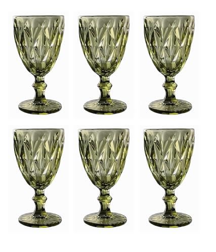 GMMH Vintage 6er-Set Farbige Weingläser Trinkgläser mit Prägung (Rombus/Grün/250 ml) Hochzeitsgläser, Sektgläser, Karaffe, Dessertschale, Glaskelche, Trinkglas, Weinglas, Wasserglas, Sektglas von GMMH