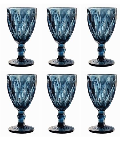 GMMH Vintage 6er-Set Farbige Weingläser Trinkgläser mit Prägung (Rombus/Blau/250 ml) Hochzeitsgläser, Sektgläser, Karaffe, Dessertschale, Glaskelche, Trinkglas, Weinglas, Wasserglas, Sektglas von GMMH