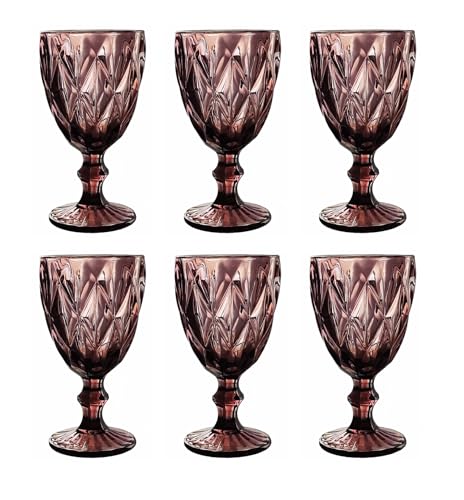GMMH Vintage 6er-Set Farbige Weingläser Trinkgläser mit Prägung (Rombus/Lila/250 ml) Hochzeitsgläser, Sektgläser, Karaffe, Dessertschale, Glaskelche, Trinkglas, Weinglas, Wasserglas, Sektglas von GMMH