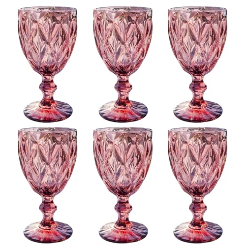 Vintage 6er-Set Farbige Weingläser und Trinkgläser mit Diamant Muster (Rombus) Longdrinkgläser, Cocktail Gläser mit Prägung, Glas, Trinkglas, Weinglas, Wasserglas, Glaskelche (Lila Weinglas) von GMMH