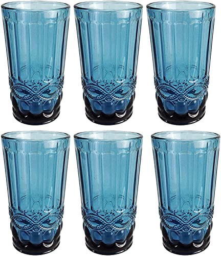 GMMH Vintage 6er-Set Farbige Weingläser Trinkgläser mit Prägung (Schleife/Blau/250 ml) Hochzeitsgläser, Sektgläser, Karaffe, Dessertschale, Glaskelche, Trinkglas, Weinglas, Wasserglas, Sektglas von GMMH