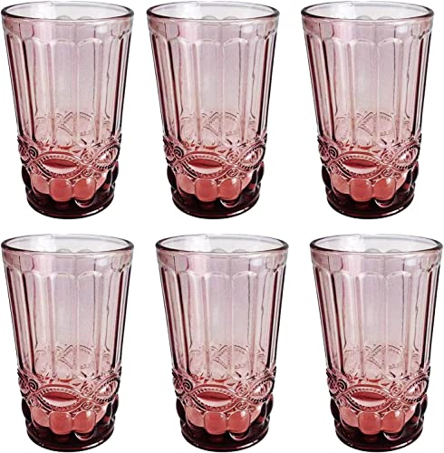 GMMH Vintage 6er-Set Farbige Weingläser Trinkgläser mit Prägung (Schleife/Lila/250 ml) Hochzeitsgläser, Sektgläser, Karaffe, Dessertschale, Glaskelche, Trinkglas, Weinglas, Wasserglas, Sektglas von GMMH