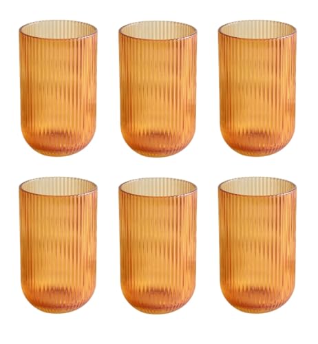 6er-Set Geriffelte Trinkgläser und Weingläser, Line, Linie Geriffelt, Ribbed, Glas, Longdrinkgläser, Cocktail Gläser mit Prägung, Trinkglas, Weinglas, Wasserglas (Orange-Glanz Trinkglas) von GMMH
