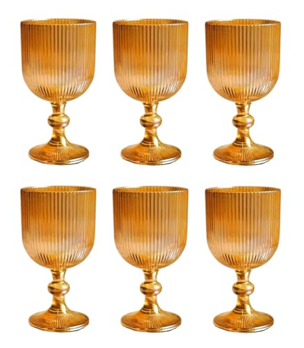 6er-Set Geriffelte Trinkgläser und Weingläser, Line, Linie Geriffelt, Ribbed, Glas, Longdrinkgläser, Cocktail Gläser mit Prägung, Trinkglas, Weinglas, Wasserglas (Orange-Glanz Weinglas) von GMMH