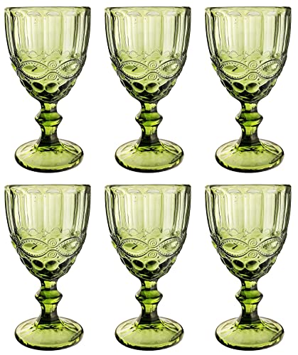 Vintage 6er-Set Farbige Weingläser mit Prägung (Schleife/Grün/250 ml), Trinkgläser, Hochzeitsgläser, Sektgläser, Karaffe, Dessertschale, Glaskelche, Trinkglas, Glas, Weinglas, Wasserglas, Sektglas von GMMH