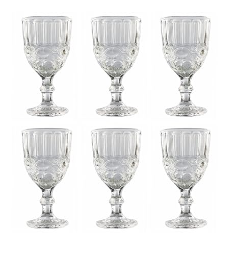 GMMH Vintage 6er-Set Farbige Weingläser Trinkgläser mit Prägung (Schleife/Klar/250 ml) Hochzeitsgläser, Sektgläser, Karaffe, Dessertschale, Glaskelche, Trinkglas, Weinglas, Wasserglas, Sektglas von GMMH