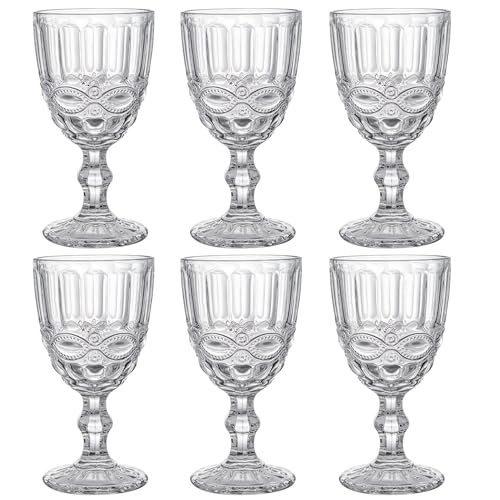 GMMH Vintage 6er-Set Farbige Weingläser Trinkgläser mit Prägung (Schleife/Klar/250 ml) Hochzeitsgläser, Sektgläser, Karaffe, Dessertschale, Glaskelche, Trinkglas, Weinglas, Wasserglas, Sektglas von GMMH