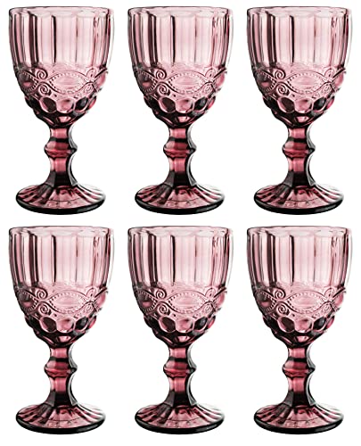 GMMH Vintage 6er-Set Farbige Weingläser Trinkgläser mit Prägung (Schleife/Lila/250 ml) Hochzeitsgläser, Sektgläser, Karaffe, Dessertschale, Glaskelche, Trinkglas, Weinglas, Wasserglas, Sektglas von GMMH