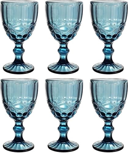 GMMH Vintage 6er-Set Farbige Weingläser Trinkgläser mit Prägung (Schleife/Blau/250 ml) Hochzeitsgläser, Sektgläser, Karaffe, Dessertschale, Glaskelche, Trinkglas, Weinglas, Wasserglas, Sektglas von GMMH