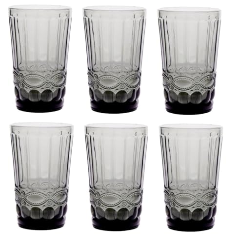 Vintage 6er-Set Farbige Weingläser und Trinkgläser mit Prägung Relief (Schleife, Grau, 400 ml) Weinglas, Trinkglas, Wasserglas, Longdrinkgläser, Cocktail Gläser, Glas, Glaskelche von GMMH