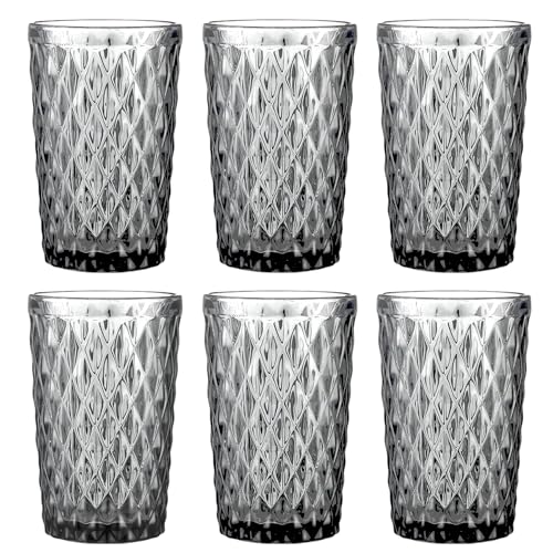 Vintage 6er-Set Farbige Weingläser und Trinkgläser mit Diamant Muster (Netz) Longdrinkgläser Cocktail Gläser mit Prägung Glas Trinkglas Weinglas Wasserglas Glaskelche (Grau Trinkglas) von GMMH
