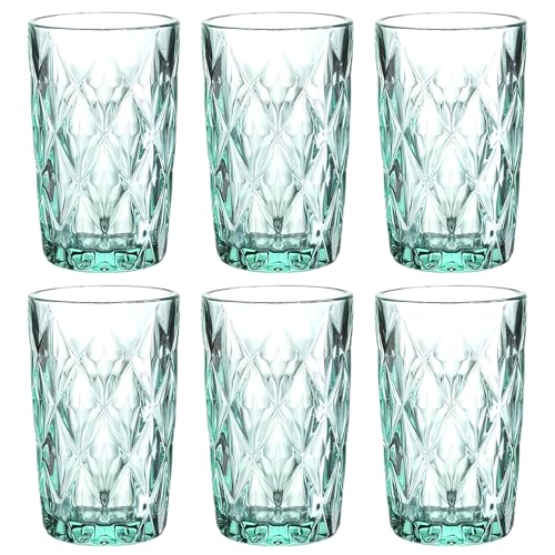 Vintage 6er-Set Farbige Weingläser und Trinkgläser mit Diamant Muster (Rombus) Longdrinkgläser, Cocktail Gläser mit Prägung, Glas, Trinkglas, Weinglas, Wasserglas, Glaskelche (Türkis Trinkglas) von GMMH