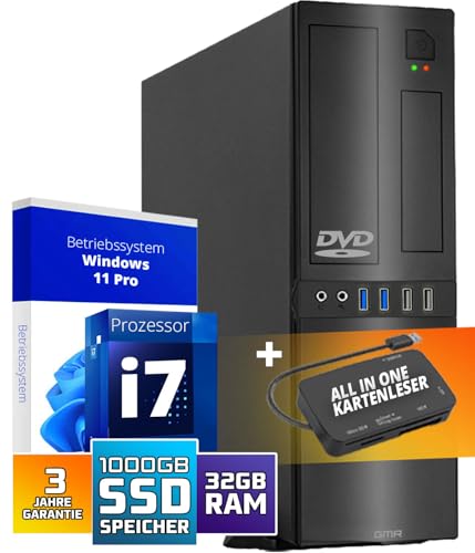 Schneller PC mit Intel Core i7 - Desktop Computer + Silent Rechner für Büro & Home Office mit 8-Thread 3.90 GHz - 32GB RAM - 1024GB SSD - USB3.0 - WLAN BT - inkl Windows 11 Pro mit Card Reader 5-in-1 Schneller PC mit Intel Core i7 - Desktop Computer + Silent Rechner für Büro & Home Office mit 8-Thread 3.90 GHz - 32GB RAM - 1024GB SSD - USB3.0 - WLAN BT - inkl Windows 11 Pro mit Card Reader 5-in-1 von GMR