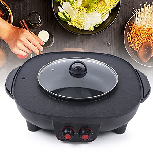 2 in 1 Elektro Grill Tischgrill BBQ Braten Multi Cooker Hot Pot Pfanne Grilltopf Grill-Hot-Pot-Doppeltopf schwarz Tragbare Grillplatte 2100W von GMSLuu