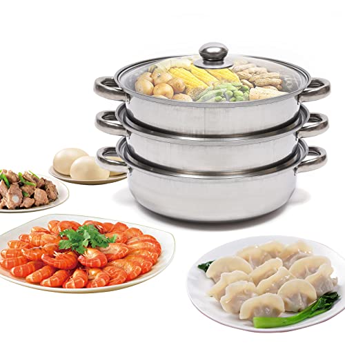 3 Tier Dampfer Edelstahl verdickt Drei-Schicht Dampfgarer Haushalt 28cm Kochtopf Set Stainless Steel Food Steamer Suppentopf mit Glasdeckel von GMSLuu