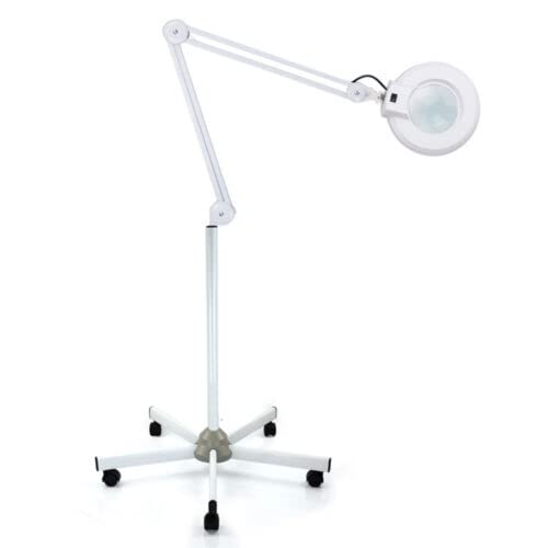 GMSLuu Lupenlampe 5X LED Lupenleuchte Lupe mit Licht und Ständer fünf Fuß Stehlampe Kosmetikleuchte verstellbarem Metallrahmen Tragarm und Bewegliches Rad für Kosmetikstudi Zuhause 24W von GMSLuu