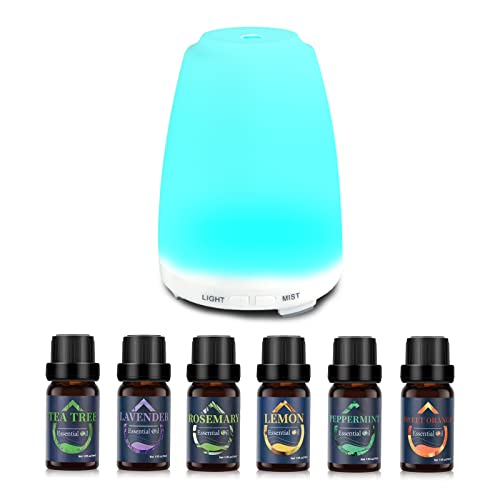 200ML Aroma Diffuser for Fragrance Oils Ultrasonic Humidifier with 6 x 10 ml Essential Oils, Aromatherapy Oils Diffusers with 7 Colours LED for Home Office Bedroom (White-6) von GMSYSW