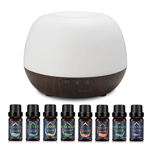 Diffusor für ätherische Öle 500ml, Aroma-Diffusor-Luftbefeuchter mit 8 reinen ätherischen Ölen, 7 LED-Farben und 4 Zeitschaltuhren, Aromatherapie-Diffusor für das Haus von GMSYSW