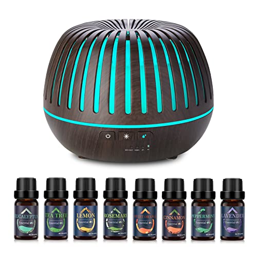 Diffusor für ätherische Öle 500ml, Aroma-Diffusor-Luftbefeuchter mit 8 reinen ätherischen Ölen, 7 LED-Farben und 4 Zeitschaltuhren, Aromatherapie-Diffusor für das Haus von GMSYSW