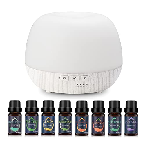 Diffusor für ätherische Öle 500ml, Aroma-Diffusor-Luftbefeuchter mit 8 reinen ätherischen Ölen, 7 LED-Farben und 4 Zeitschaltuhren, Aromatherapie-Diffusor für das Haus von GMSYSW