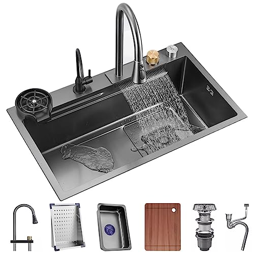 304 Edelstahl-Küchenspüle, Einzelbecken-Spüle, Wasserfall-Wasserhahn und komplettes Zubehör-Set, Doppelmontage (Größe: 68 x 45 x 22 cm) von GMTstore