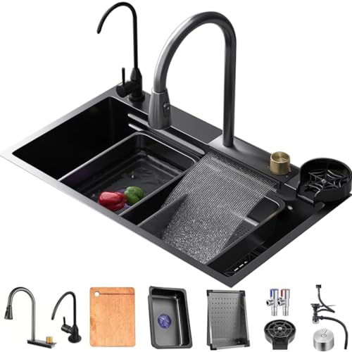 304 Edelstahl Spüle Schwarzes Einzelspülbecken Multifunktionsspüle Für Wohnmobile Mit Wasserhahn Und Tassenwaschanlage Drop In Oder Unter Mount (Color : Nero, S : 78x46x22cm) von GMTstore