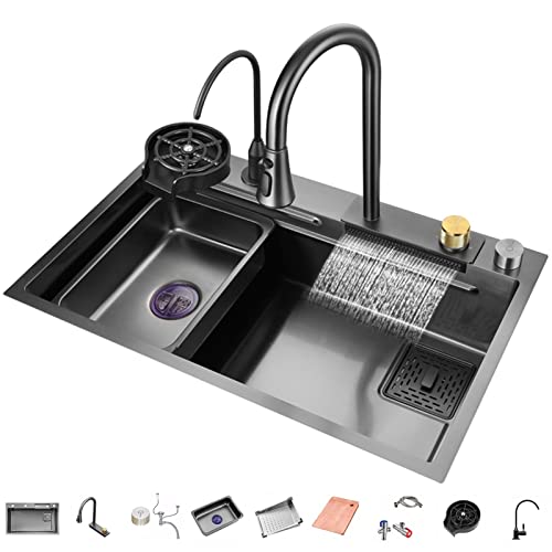 304 Edelstahl Wasserfall Bar Spüle Nano Single Bowl Küchenspüle Mehrzweck Handgefertigte Spüle Rv Spüle Mit Ausziehbarem Wasserhahn Und Drainage-Komponenten (Color : Black-c, S : 80x45x22cm) von GMTstore