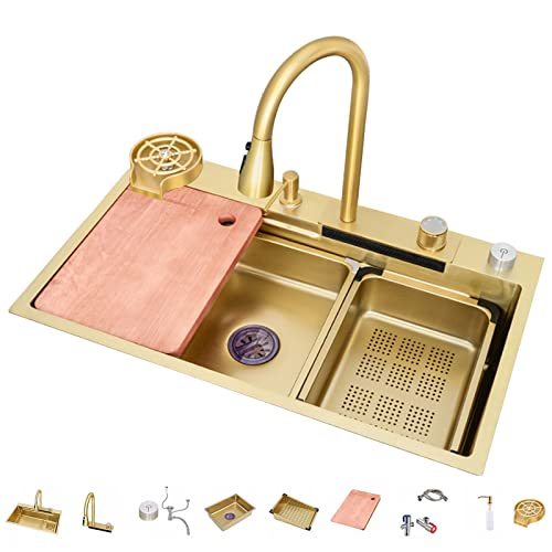 304 Edelstahl Wasserfall Bar Spüle Nano Single Bowl Küchenspüle Mehrzweck Handgefertigte Rv Mit Ausziehbarem Wasserhahn Und Drainage-Komponenten (Color: Gold-b, S: 75x45x22cm) von GMTstore