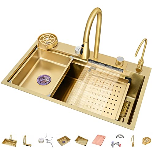 304 Edelstahl Wasserfall Bar Spüle Nano Single Bowl Küchenspüle Mehrzweck Handgefertigte RV Mit Ausziehbarem Wasserhahn Und Drainage-Komponenten (Color: Gold-C, S: 68x45x22cm) von GMTstore