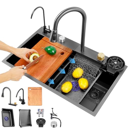 304 Küchenspüle Aus Edelstahl Single Bowl Kitchen Bar Waschbecken RV Waschbecken Mit Multifunktionalem Herausziehbarem Wasserhahn Drain Top Mount Oder Under Mount (Color : Gun Grey, S : 75x45x22cm) von GMTstore
