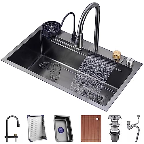 Edelstahl-Einschüssel-Edelstahl-Einschüssel-Nano-beschichtete Workstation-Spüle mit herausziehbarem Wasserhahn und Becherwaschmaschine, komplettes Zubehör-Set (Größe: 80 x 45 x 22 cm) von GMTstore