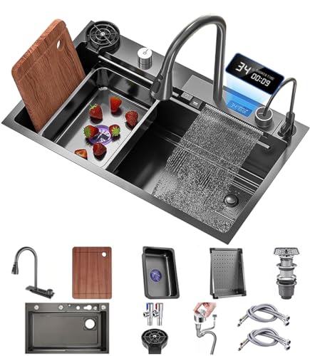 Edelstahl Spüle Einzelne Schüssel Bar Spüle Multifunktions Haushaltsspülbecken Mit Wasserhahn,Entwässerungskomponente,Entwässerungsbecken,Entwässerungskorb,Schneidebrett (Color : Nero, S : 68x46x22c von GMTstore