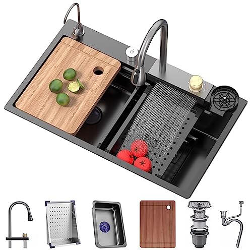 GMTstore Edelstahl-Wasserfall-Spüle Einzelschüssel Barspüle Küchenspüle Set Nanobeschichtete Arbeitsplatzspüle mit herausziehbarem Wasserhahn Druckbecher Unterlegscheibe (Größe : 68 x 45 x 22 cm) von OMGMTSTORE